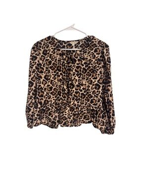 Sim & Sam Leopard Print Tie-Front Ruffle Hem Blouse - Brown